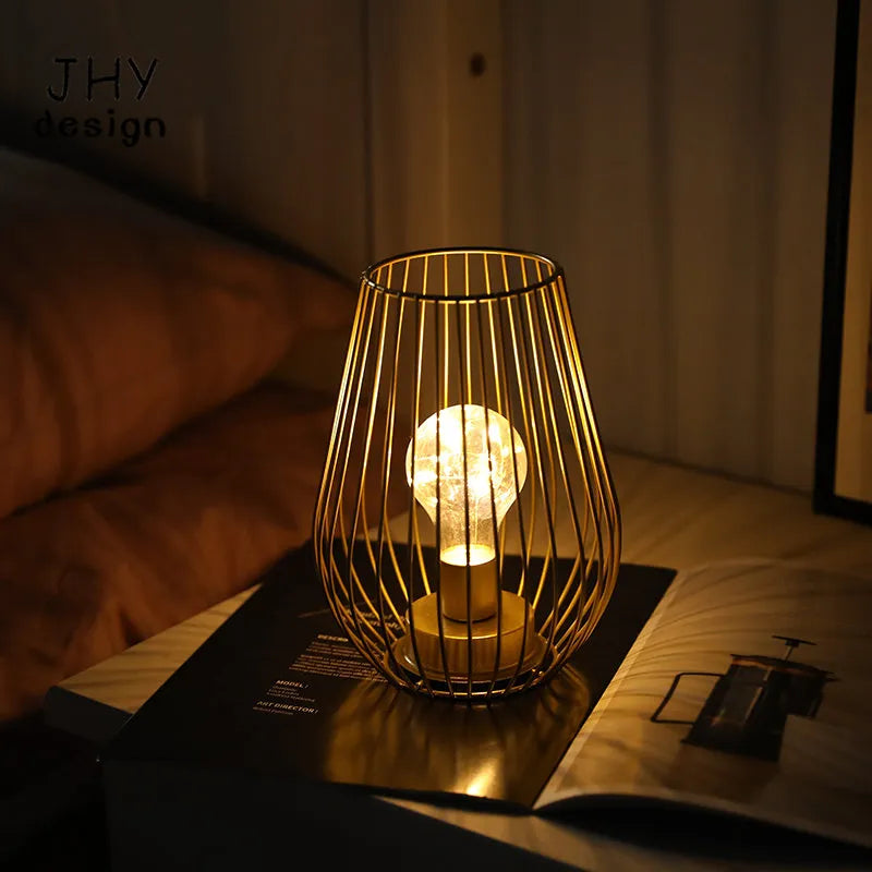 Golden Cage Table Lamp Battery Lanterns Cordless Lamp Battery Operated Lamp for Patio Garden Wedding Parties Indoor Outdoor