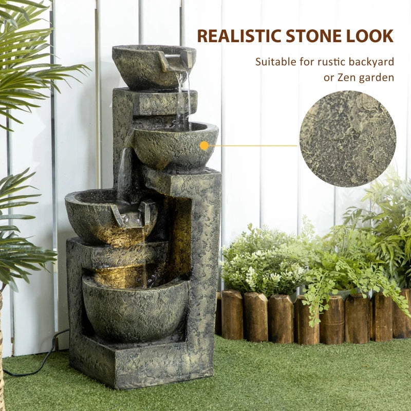 Outdoor Fountain with Stacked Stone Look Bowls, Cascading Waterfall