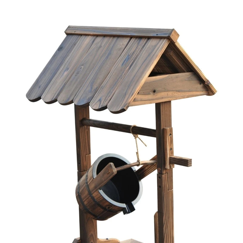 Outdoor Wooden Waterfall Wishing Well Fountain with Electric Pump, Water Bucket, for Patio, Garden, Carbonized