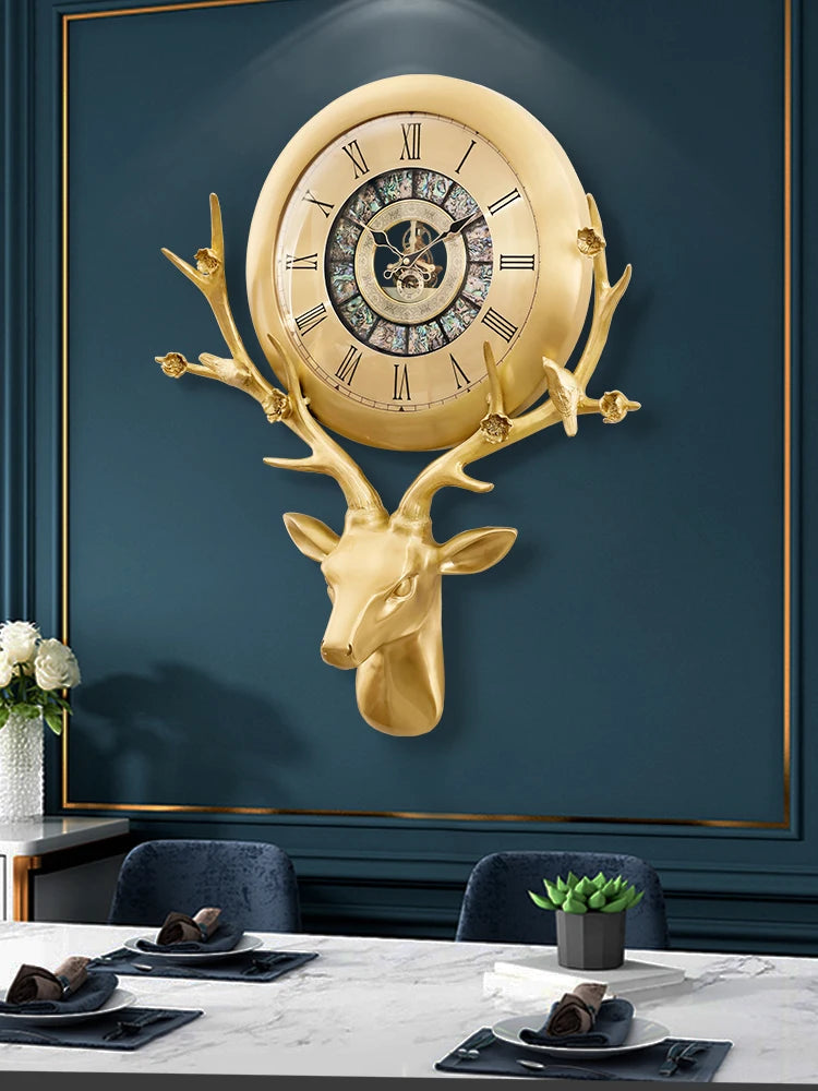 Brass deer head clocks, home living rooms, European-style light luxury wall-hung clocks, villa entrances, American art creative