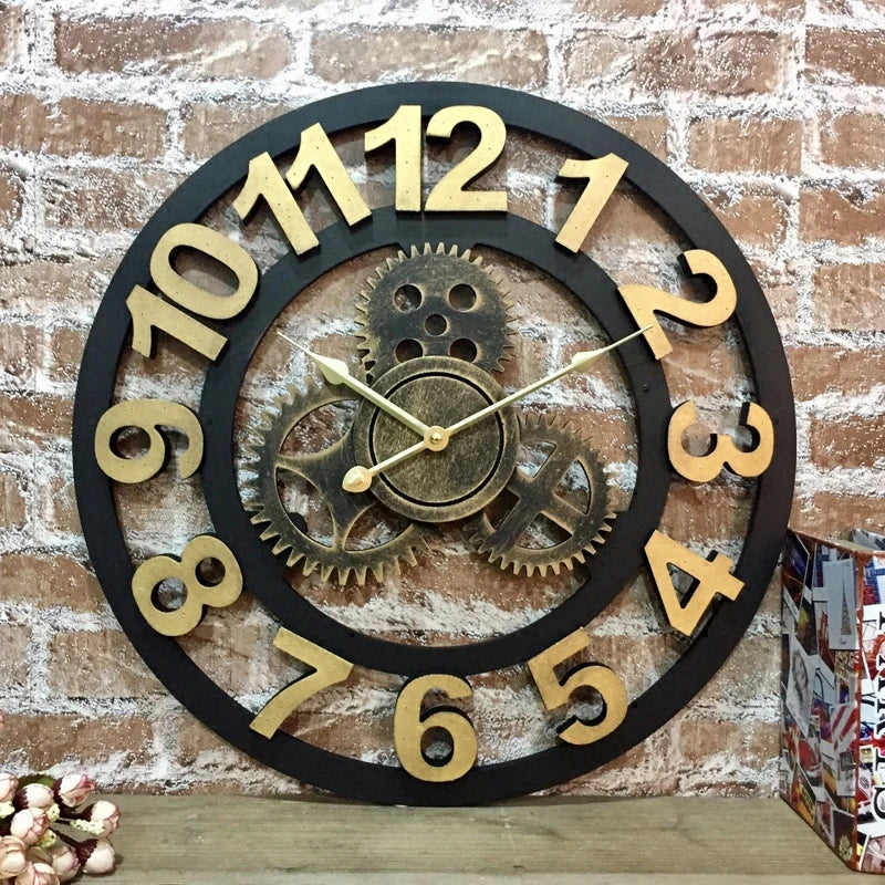 European silent retro creative clock Digital art wall clock Living room personality Industrial wind gear wall hanging clock