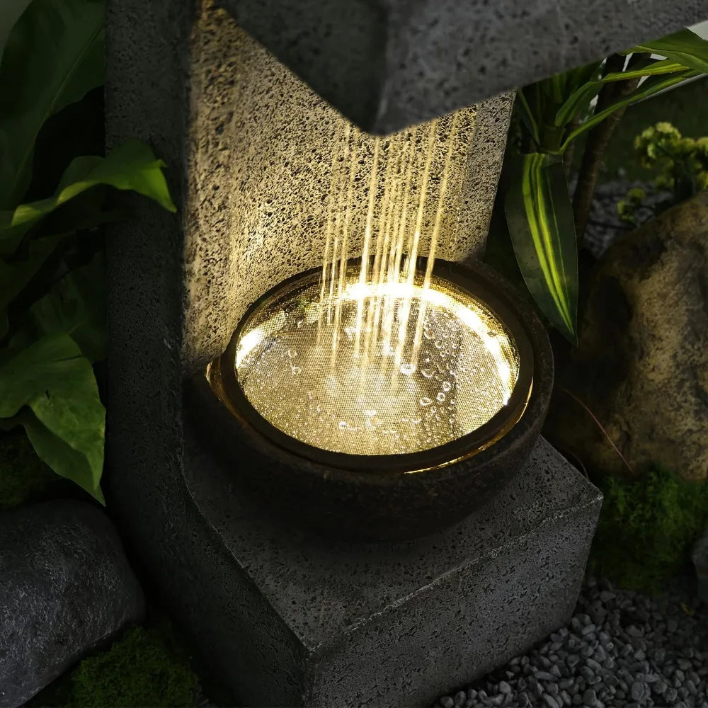 2024 New 33.9" H Water Fountain Outdoor Garden Waterfall Decor ，Modern Tiered Outdoor Fountain with Lights and Stone Planter