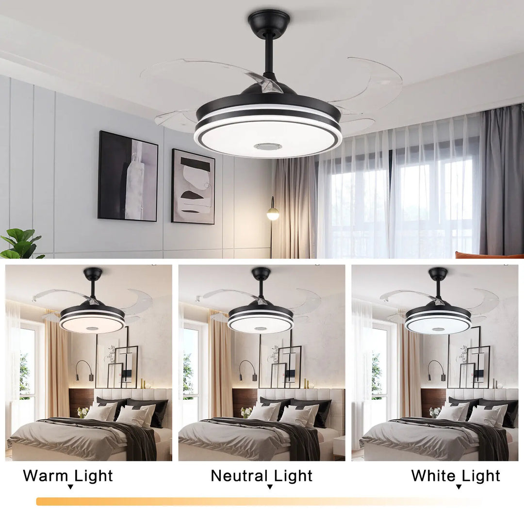 42" Retractable Ceiling Fan with Light and Bluetooth Speaker Dimmable LED Chandelier Modern Black LED Ceiling Fan Light for Home