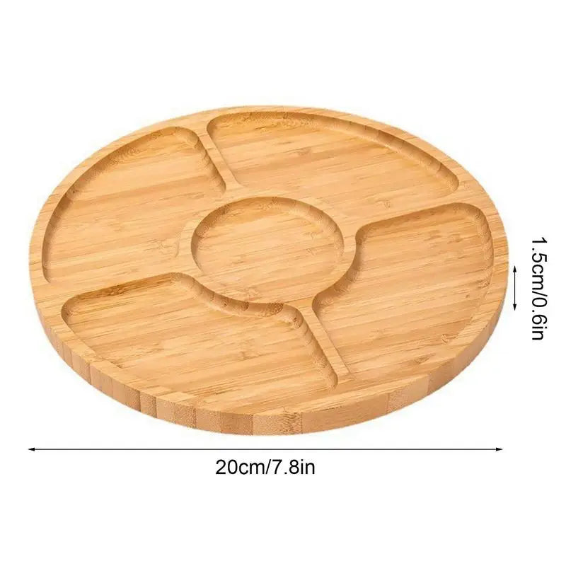 Wooden Divided Serving Trays Bamboo Fruit Tray with 5 Compartments Round Serving Tray for Party Dishes Snacks Dried Fruits