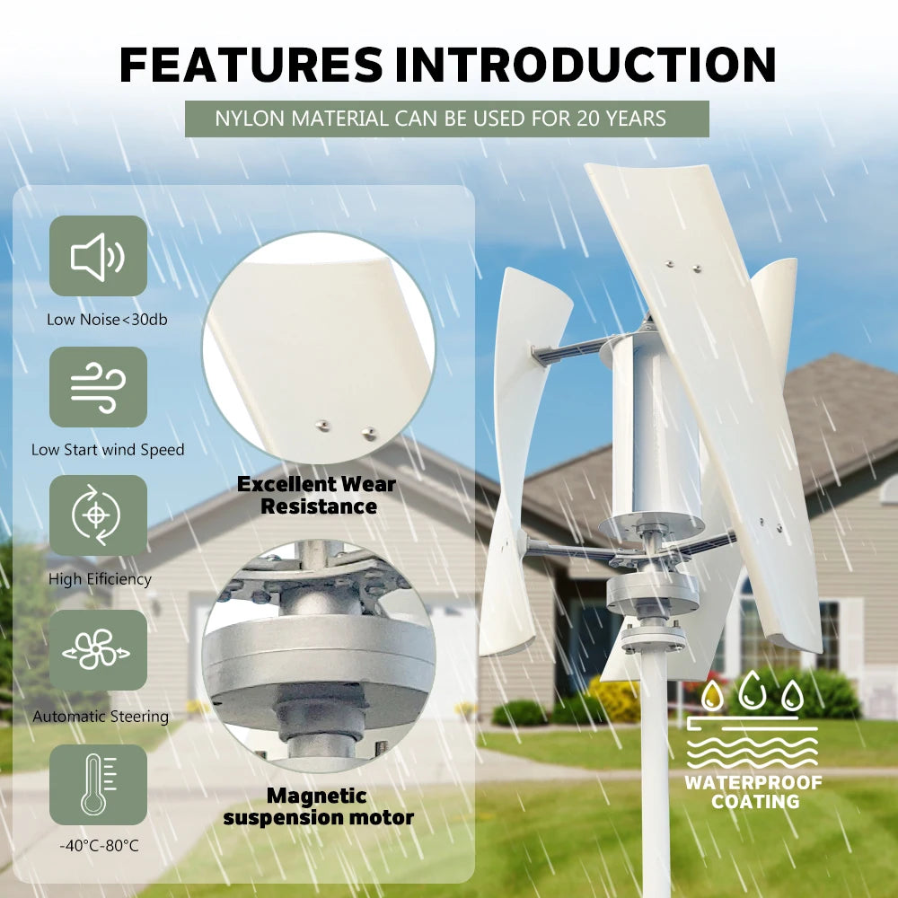 2000W Vertical Axis Wind Turbine 48V Alternative Energy Generator 220V AC Output Household Complete Set With Battery System10KWh