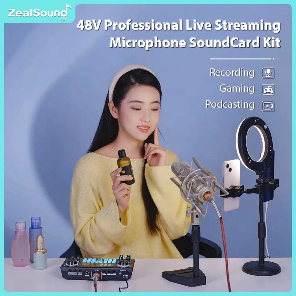 Zealsound Professional Podcast Live SoundCard Equipment Bundle with 48V XLR Microphone for PC Recording Singing Streaming Gaming