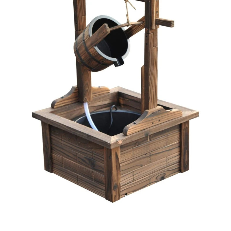 Outdoor Wooden Waterfall Wishing Well Fountain with Electric Pump, Water Bucket, for Patio, Garden, Carbonized