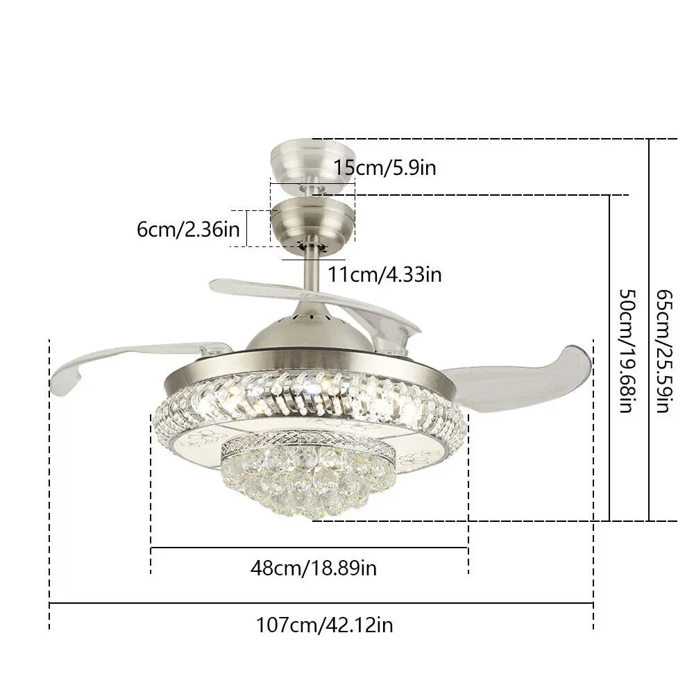 36/42 inch Modern Retractable Crystal Ceiling Fan Light and Remote Control LED Ceiling Light Chandelier Ceiling Fan Lamp 3-Color