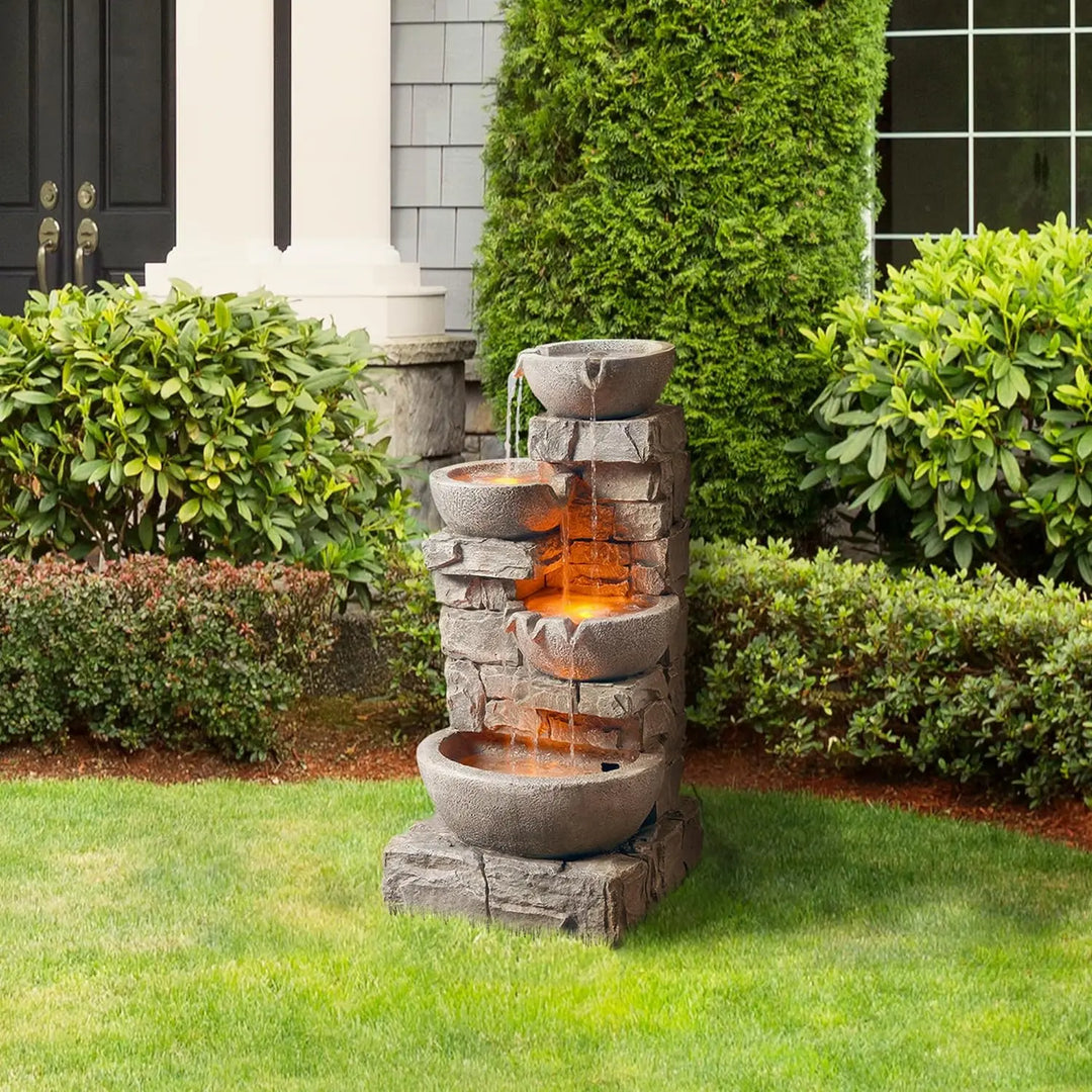 Teamson Home 4 Tiered Bowls Floor Stacked Stone Waterfall Fountain with LED Lights and Pump