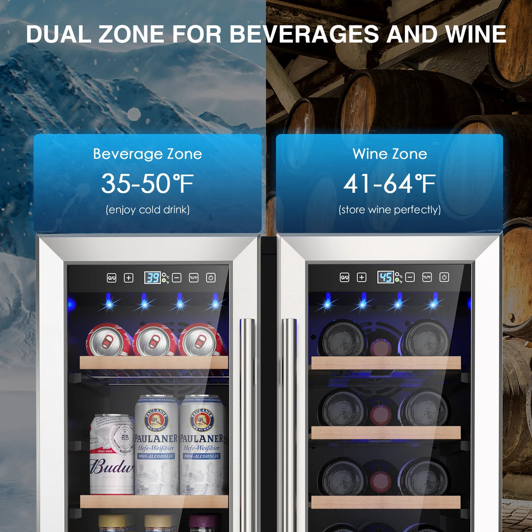 Wine and Beverage Refrigerator 24 Inch Dual Zone Wine Fridge with  Safety Locks Under Counter Wine Cooler Beer Fridge 20 Bottles