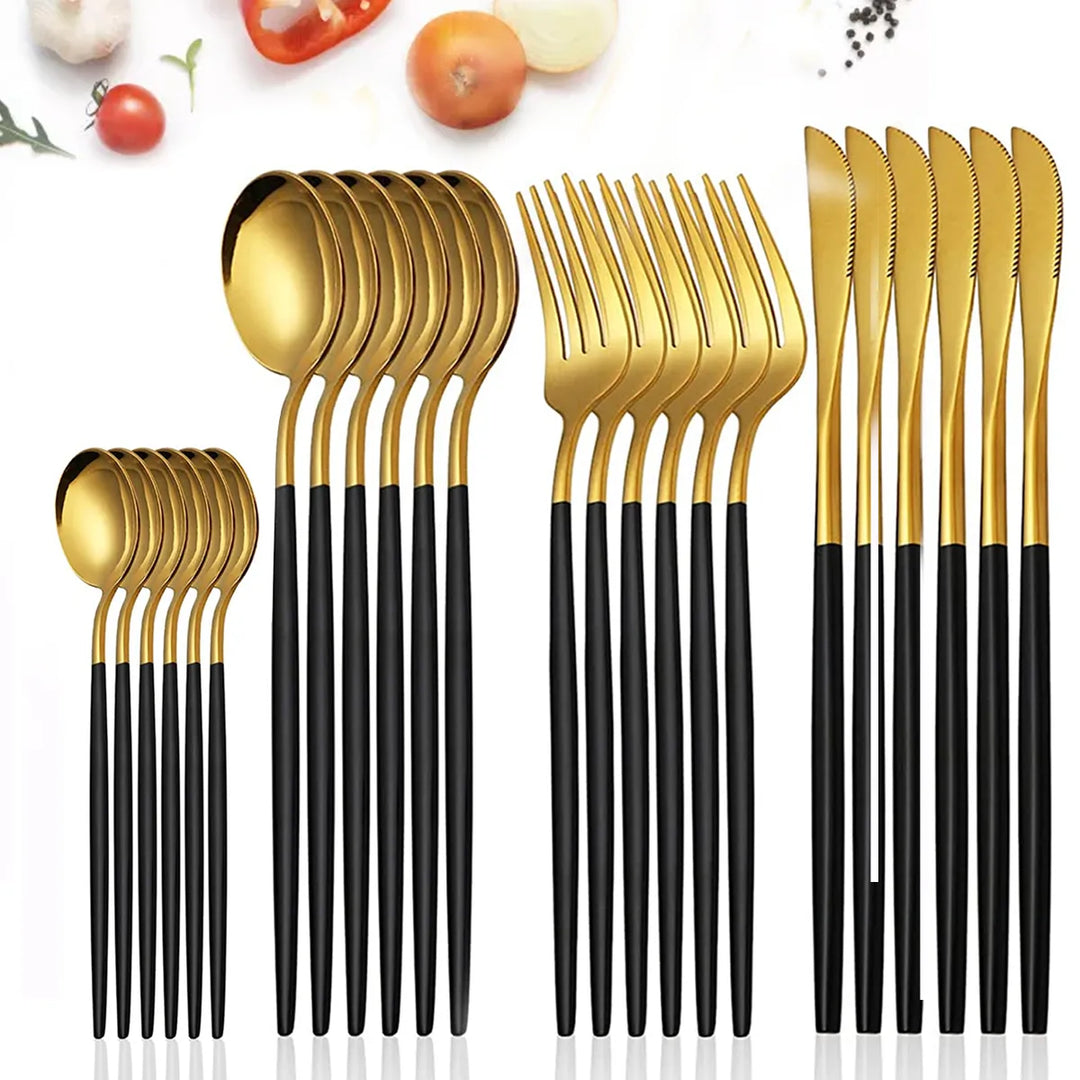 24Pcs Stainless Steel Dinnerware Set Black Gold Cutlery Spoon Fork Knife Western Cutleri Silverware Flatware Tableware Supplies