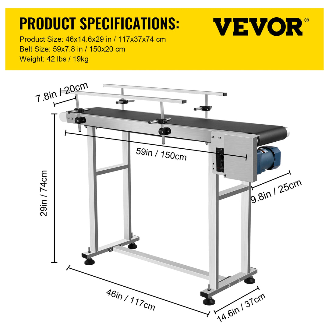 VEVOR 150 CM PVC Conveyor Belt Machine 59''x 7.8'' With Stainless Steel Adjustable Guardrail for Automatic Electrical Industrial