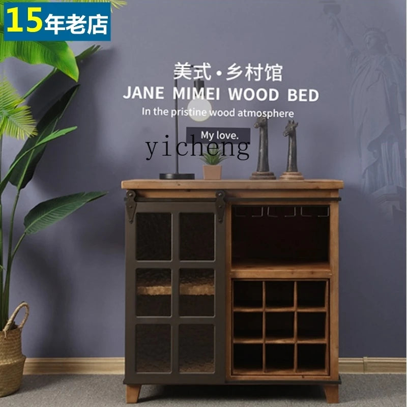 Yy American Country Retro Industrial Style Sideboard Cabinet Solid Wood Multi-Functional Wine Cabinet Modern Iron Art