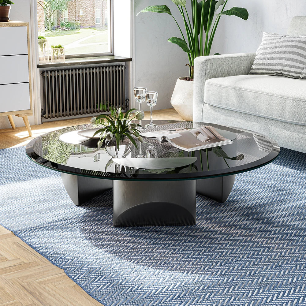 Wedge Coffee Table Round Glass Table Modern Tempered Glass Table with Heavy Duty Brushed Steel Legs for Living Room Home Office