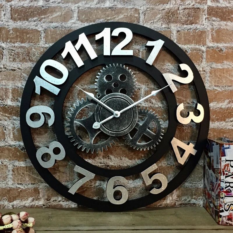 European silent retro creative clock Digital art wall clock Living room personality Industrial wind gear wall hanging clock