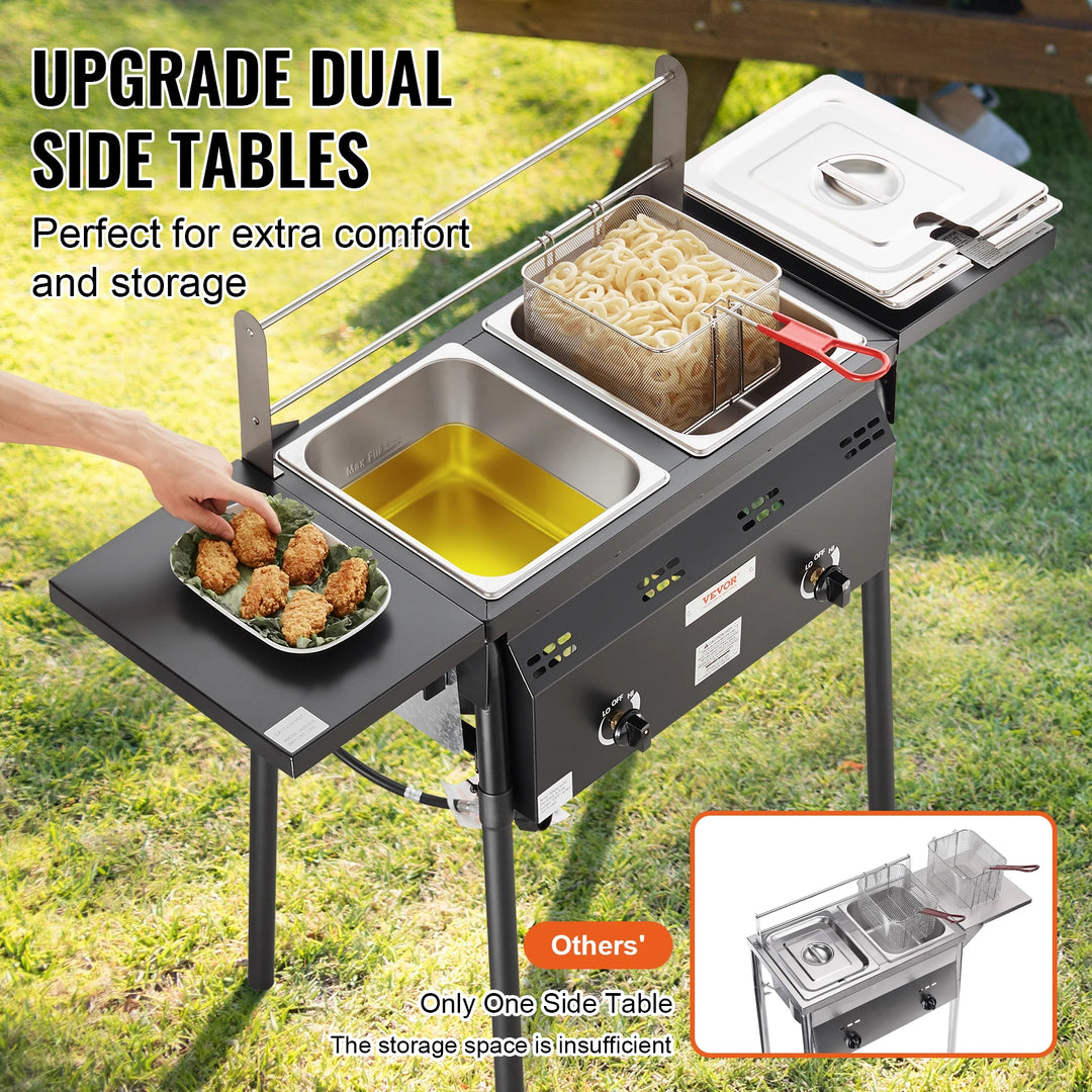 VEVOR Outdoor Propane Deep Fryer Double Burners Commercial Fryer 16 Qt Stainless Steel Cooker Oil Fryer Cart For Outdoor Cooking