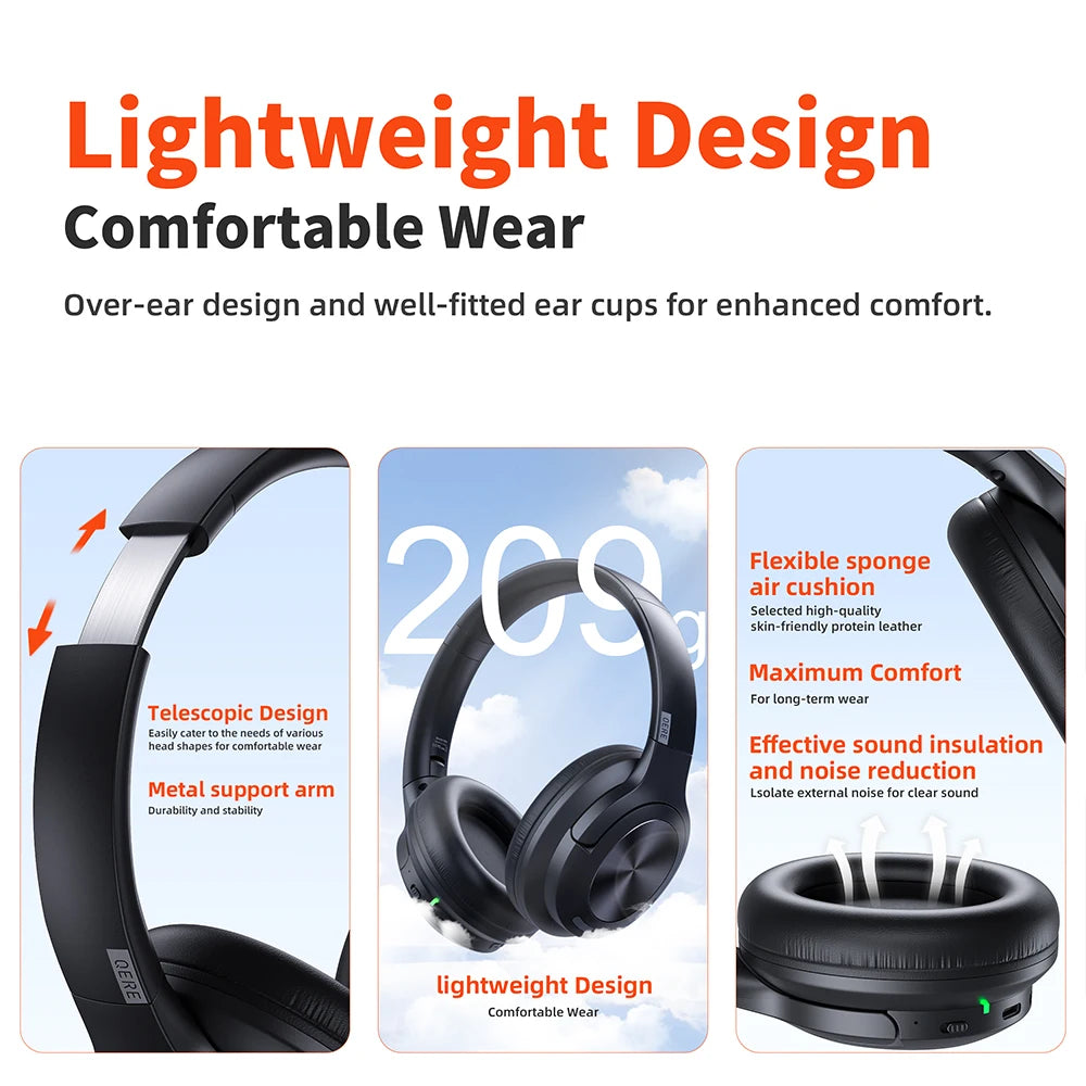 Wireless headphones QERE E80 Earphone bluetooth 5.3 ANC Noise Cancellation Hi-Res Audio Over the Ear Headset 70H 40mm Driver2.4G