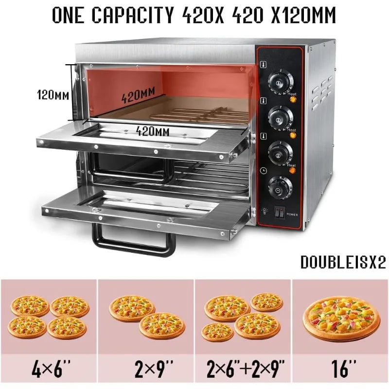 ZXMT Commercial Pizza Oven Double Oven 1700W 16 inch Stainless Steel Pizza Electric Countertop Pizza and Snack Oven Multipurpose