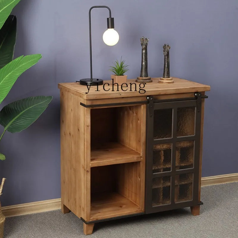 Yy American Country Retro Industrial Style Sideboard Cabinet Solid Wood Multi-Functional Wine Cabinet Modern Iron Art