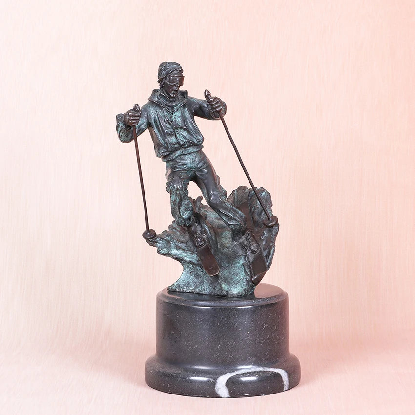 27cm Bronze Skier Statue Figurine Sport Man Sculpture Green Home Office Tabletop Decor