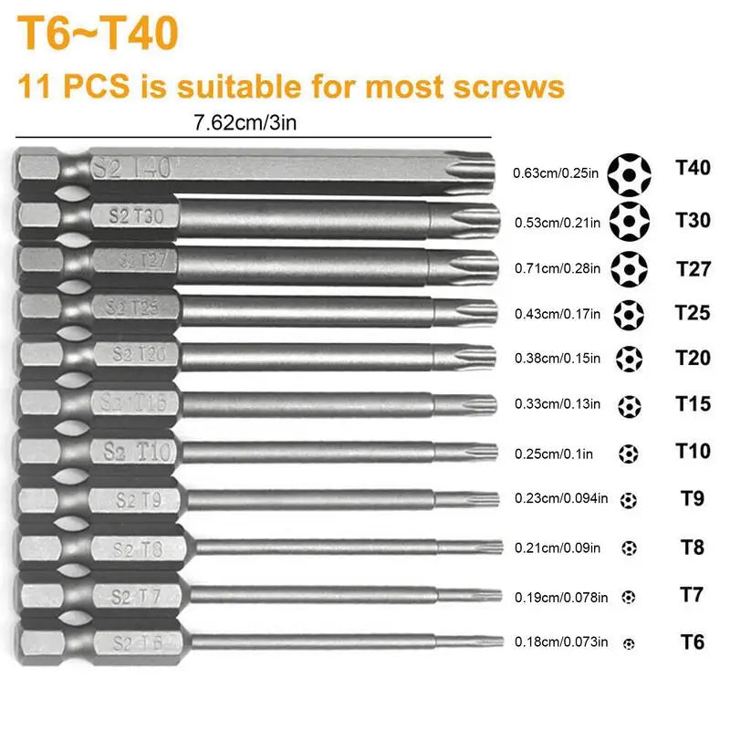 11Pcs Torx Bit Set Magnetic Tamper Resistant Star Bits T-6-T40 Screwdriver Wrench Drill Bit Set electric drill accessory tool