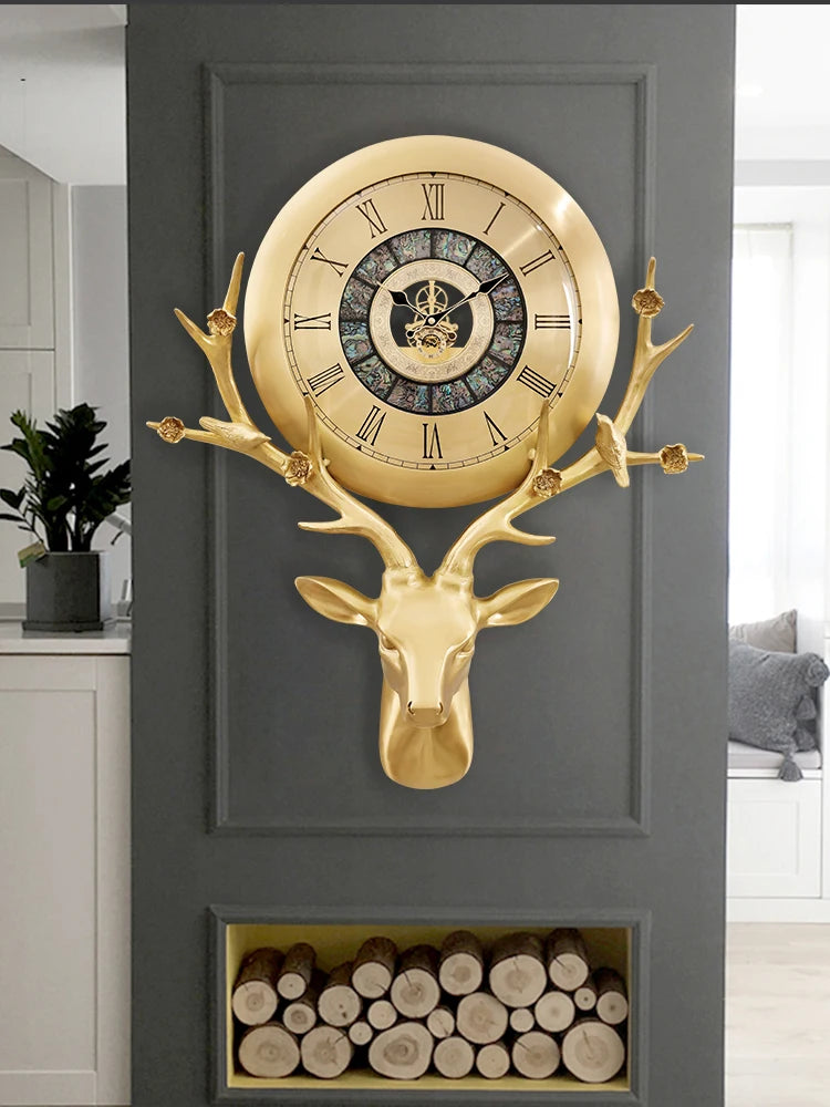 Brass deer head clocks, home living rooms, European-style light luxury wall-hung clocks, villa entrances, American art creative