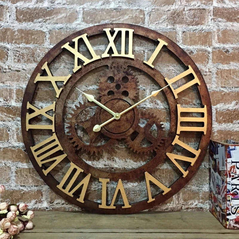 European silent retro creative clock Digital art wall clock Living room personality Industrial wind gear wall hanging clock