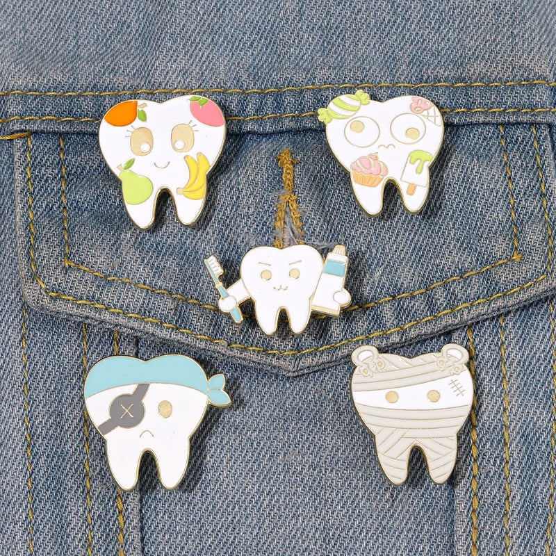 Wholesale Price Oral Health Enamel Pins Custom Tooth Pirate Brooches Lapel Badges Funny Dentist Jewelry Gift for Kids Friends