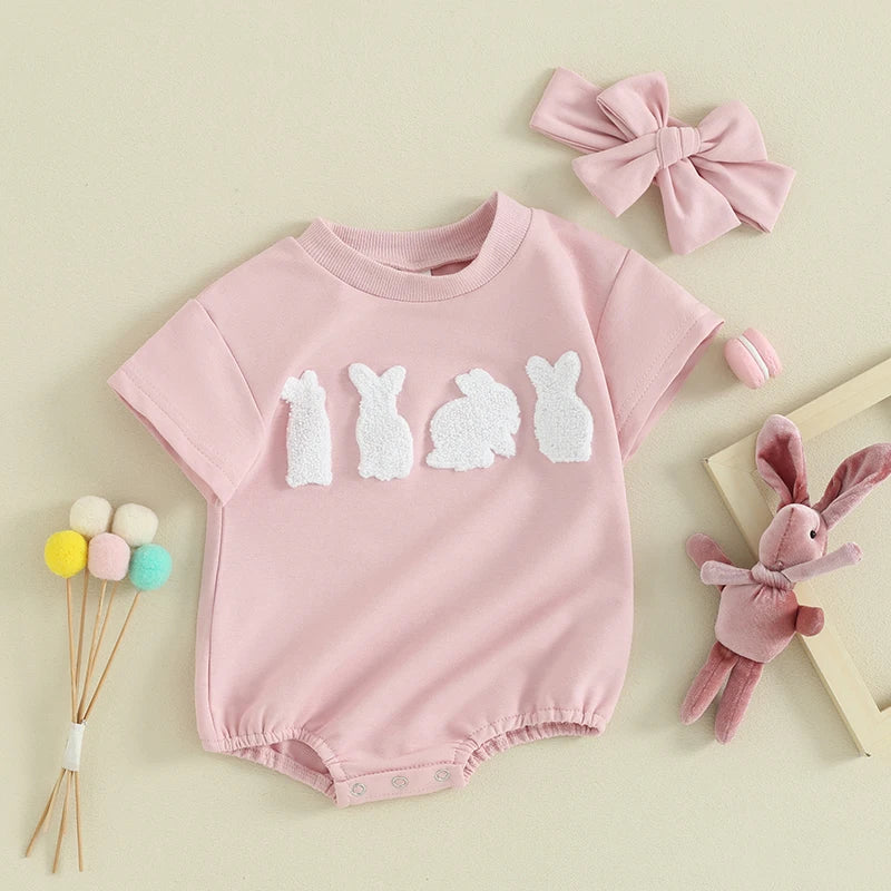 2024-01-09 Lioraitiin Newborn Baby Girls Easter Outfits Short Sleeve Bunny Bubble Romper Embroidery Clothes With Headband