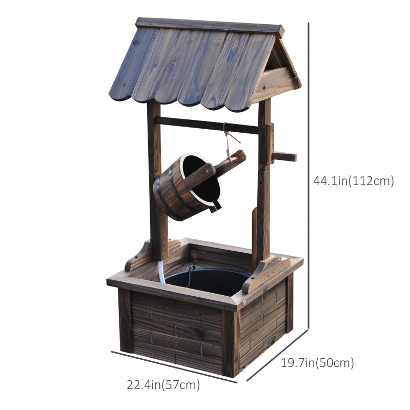 Outdoor Wooden Waterfall Wishing Well Fountain with Electric Pump, Water Bucket, for Patio, Garden, Carbonized