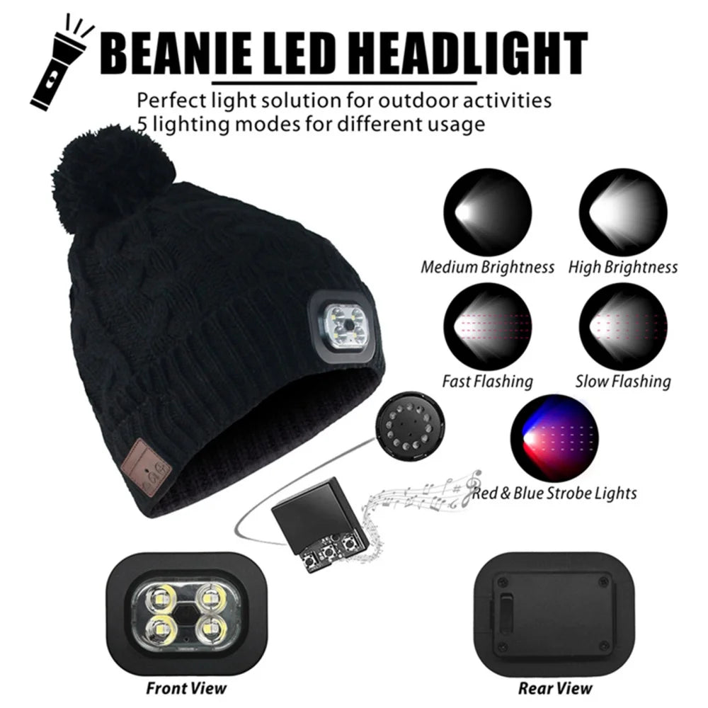 Wireless Bluetooth-compatible Smart Music Cap Headphone Winter Knitted Beanie Hat with 5 Mode LED Light With Speakers&Mic Earbud