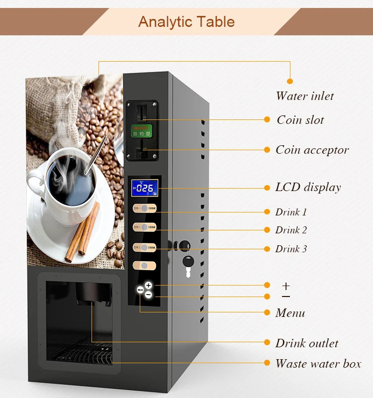 High Quality 3 Different Kinds Automatic Coin Operated Tea Time Coffee Vending Machine