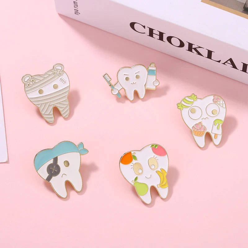 Wholesale Price Oral Health Enamel Pins Custom Tooth Pirate Brooches Lapel Badges Funny Dentist Jewelry Gift for Kids Friends