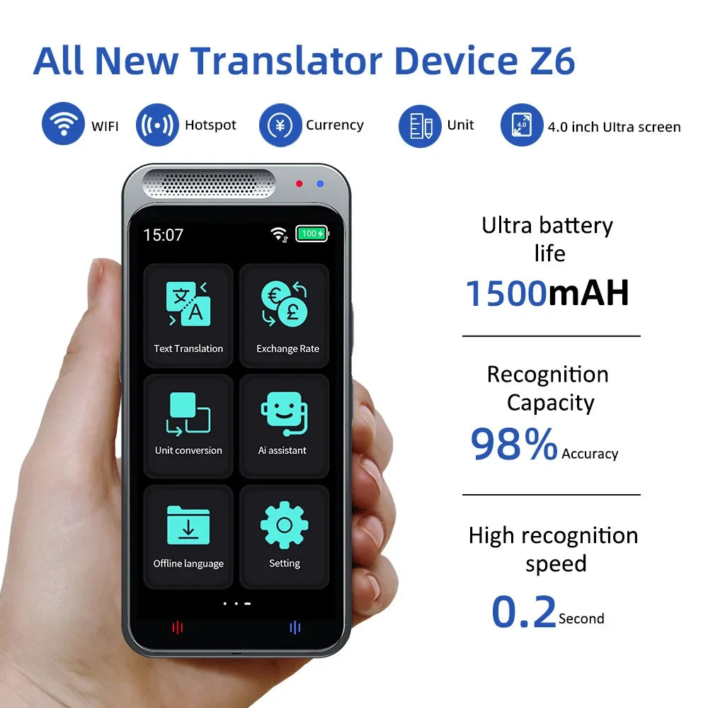 2024 New Z6 Portable Audio Translator 138 Language Smart Translator Offline in Real Time Smart Voice AI Voice Photo Hot Sale