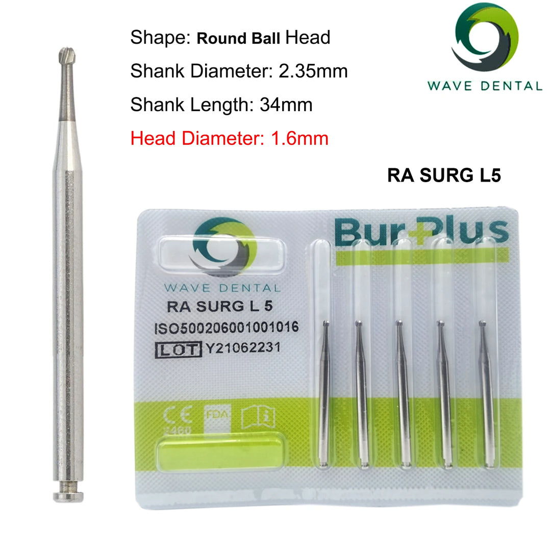 WAVE Dental Tungsten Carbide Burs Dental Drill Round Head RA SURG Implant Burs For Low Speed Handpiece Dentist Tools 5Pcs/Pack