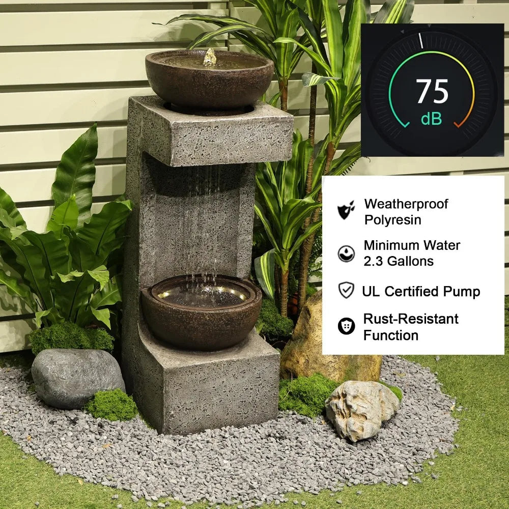 2024 New 33.9" H Water Fountain Outdoor Garden Waterfall Decor ，Modern Tiered Outdoor Fountain with Lights and Stone Planter