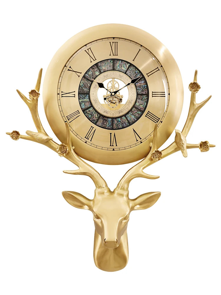 Brass deer head clocks, home living rooms, European-style light luxury wall-hung clocks, villa entrances, American art creative