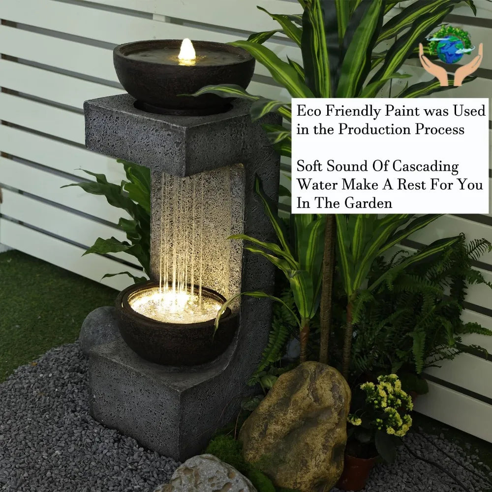 2024 New 33.9" H Water Fountain Outdoor Garden Waterfall Decor ，Modern Tiered Outdoor Fountain with Lights and Stone Planter