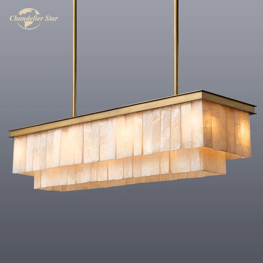 Glace Calcite Rectangular Chandeliers Modern Retro LED Marble Stone Metal 2 Tiers Lamps Lustre Dining Room Living Room Lights