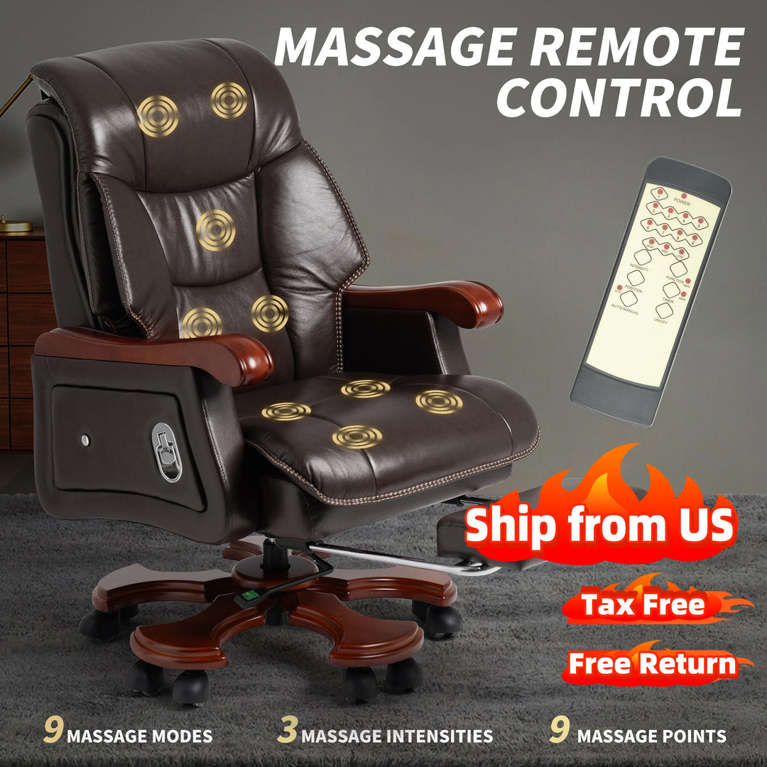 Kinnls Jones Massage Office Chair Gaming Chair Fully Reclining Back Boss Chair Footrest Genuine Leather Executive Chairs