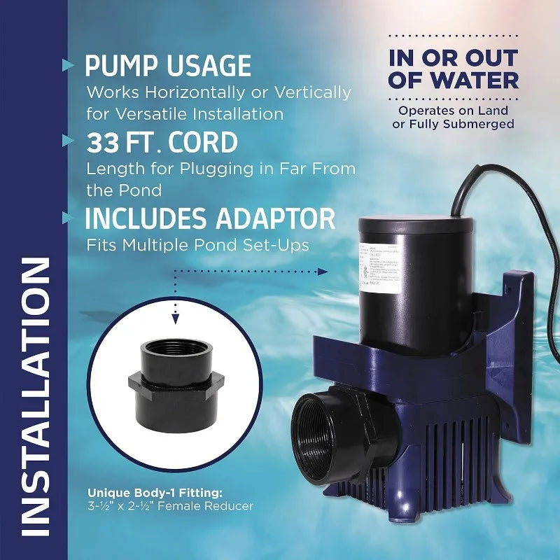 Submersible Water Pump with 33 FT Cord and Adapters for Ponds, Fountains, Waterfalls, and Water Circulation，Quiet Operation