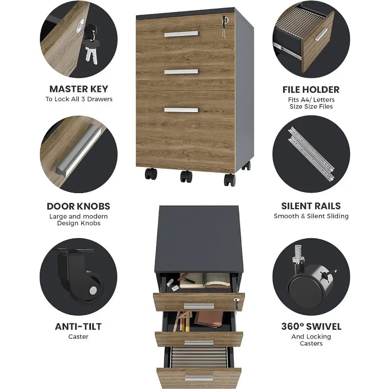 Lazio File Cabinet with Lock - Filing Cabinet for Home and Office - 3 Drawer Small Rolling File Cabinet -Wood Printer Stand