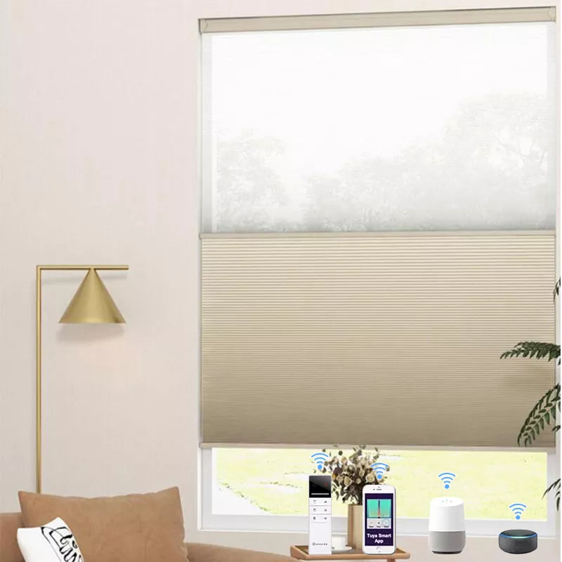 Customize Smart Motorized Double Cellular Shade, Blackout Automatic Day And Night Honeycomb Window Blinds  with Remote Control