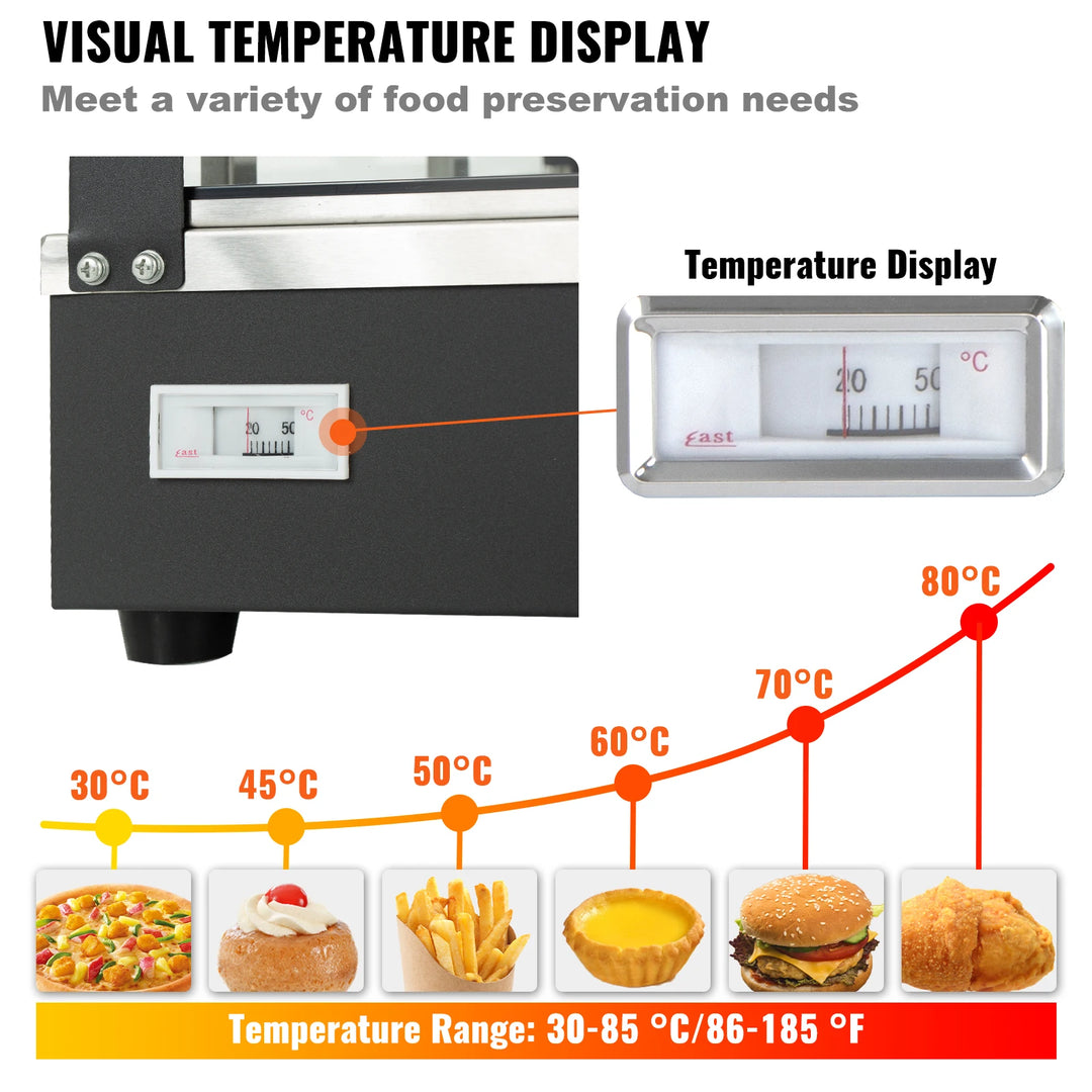 VEVOR Commercial Food Warmer Display Countertop Pastry Warmer w/Temp Knob Display 0.6L Water Tray Stainless Frame Glass Doors