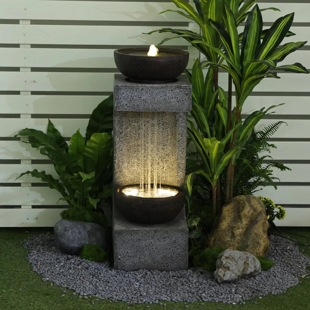 2024 New 33.9" H Water Fountain Outdoor Garden Waterfall Decor ，Modern Tiered Outdoor Fountain with Lights and Stone Planter