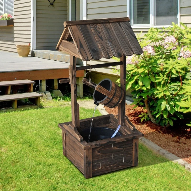 Outdoor Wooden Waterfall Wishing Well Fountain with Electric Pump, Water Bucket, for Patio, Garden, Carbonized