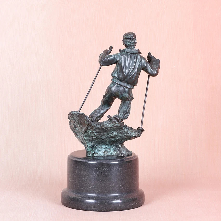 27cm Bronze Skier Statue Figurine Sport Man Sculpture Green Home Office Tabletop Decor