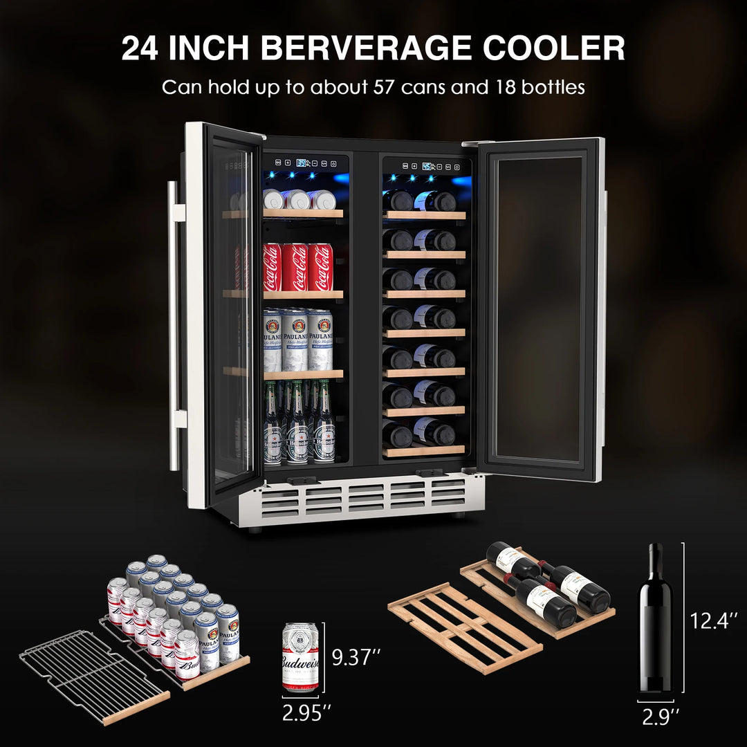 Wine and Beverage Refrigerator 24 Inch Dual Zone Wine Fridge with  Safety Locks Under Counter Wine Cooler Beer Fridge 20 Bottles