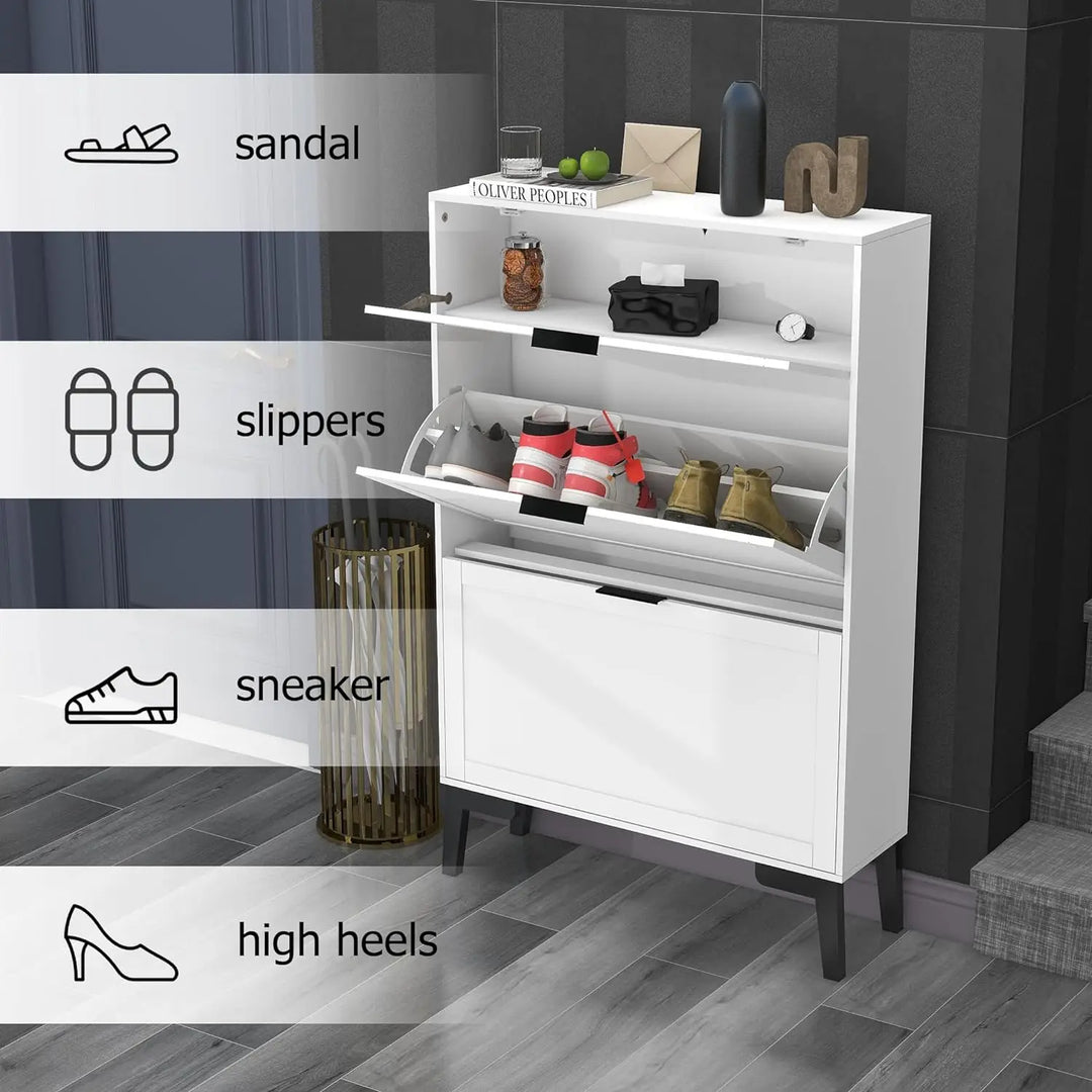 Wooden White Hidden Shoe Cabinet Entryway Shoe Storage Cabinet Narrow Shoe Cabinet Free Standing 9.5"D x 31.5"W x 47.8"H