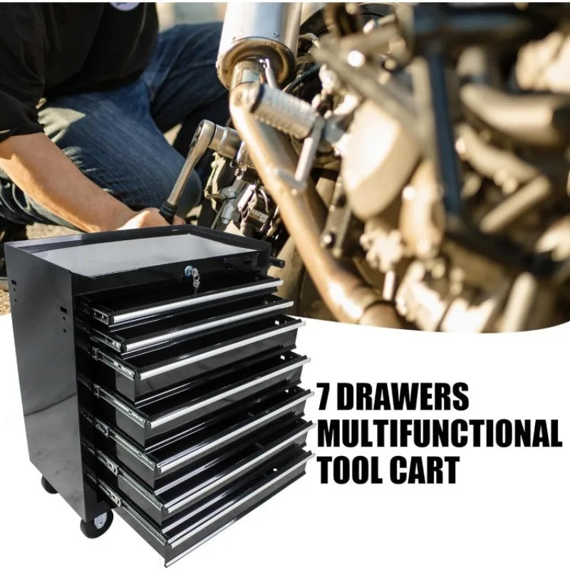 Rolling Tool Chest,7 Drawer Tool Box with Wheels, Heavy Duty Industrial Service Cart Storage Organizer with Locking System-Black